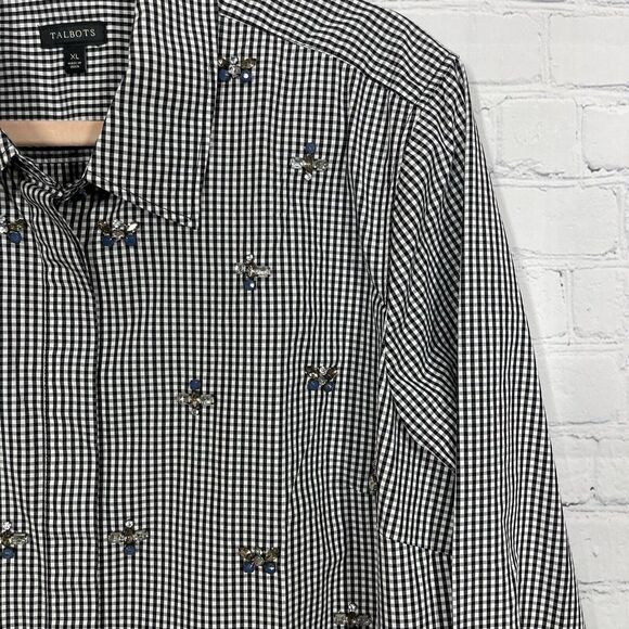 Talbots Blouse Women's XL Plaid Button Down Beaded Studded Long Sleeve Check - Picture 5 of 13